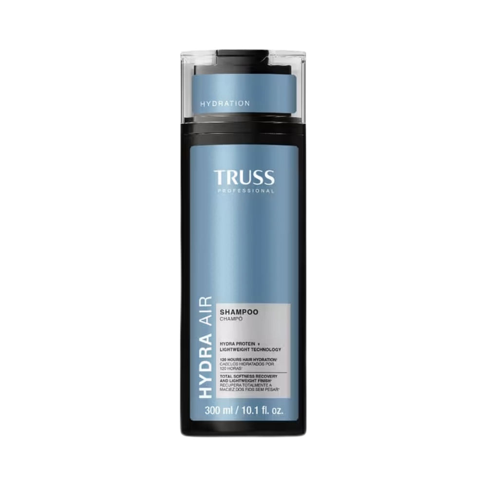 Frasco de shampoo Truss Hydra Air 300ml com tampa transparente e rótulo azul e branco